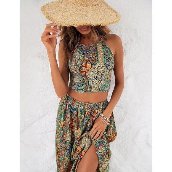 ✌️ 2/$40 ✌️ Women's Boho Paisley Halter Backless Crop Top and Long Skirt Large - Picture 2 of 4